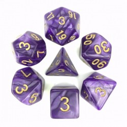 7 dés polyédraux Violet nacré et chiffre doré